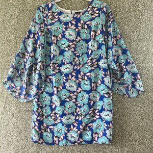 Kaari Blue Dress Womens Small Blue Floral Open Bell Sleeve Shift Garden Feminine